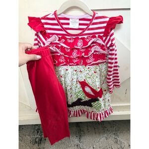 Millie Jay Girl's Ruffle‎ Tunic & Leggings Set Christmas Red Bird Appliqué Sz 3T
